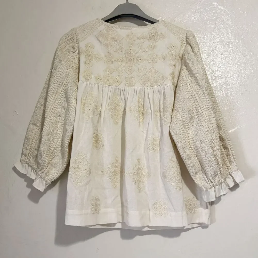 THE COAST BRAND Leela 100% Cotton Embroidered Peasant Blouse Top Size S